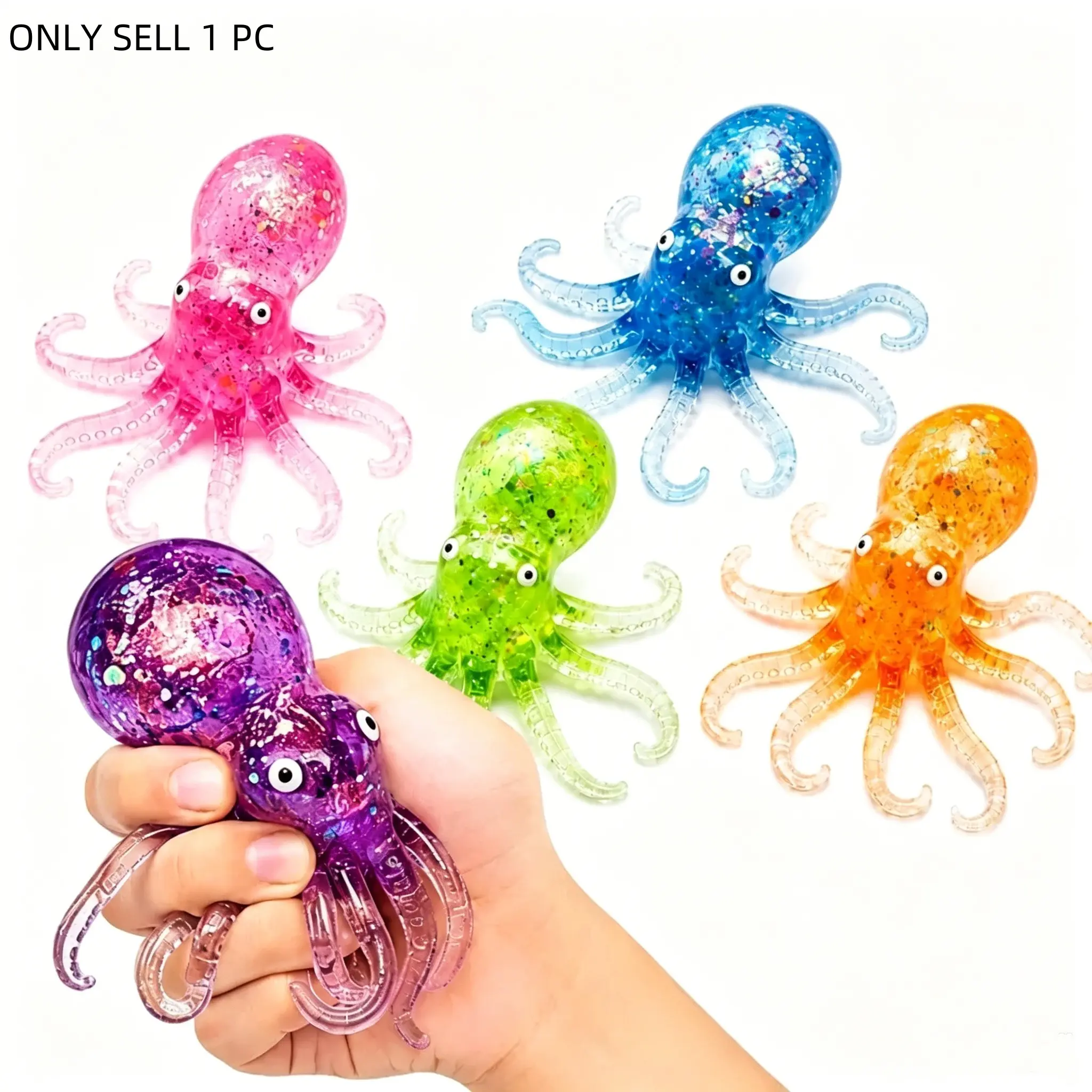 Glitter Octopus Squishy Stress Balls, Soft Tpr Sensory Fidget Toys, Stretchable Sea Animal Stress Relief Balls for Anxiety, Party Favors & Gifts