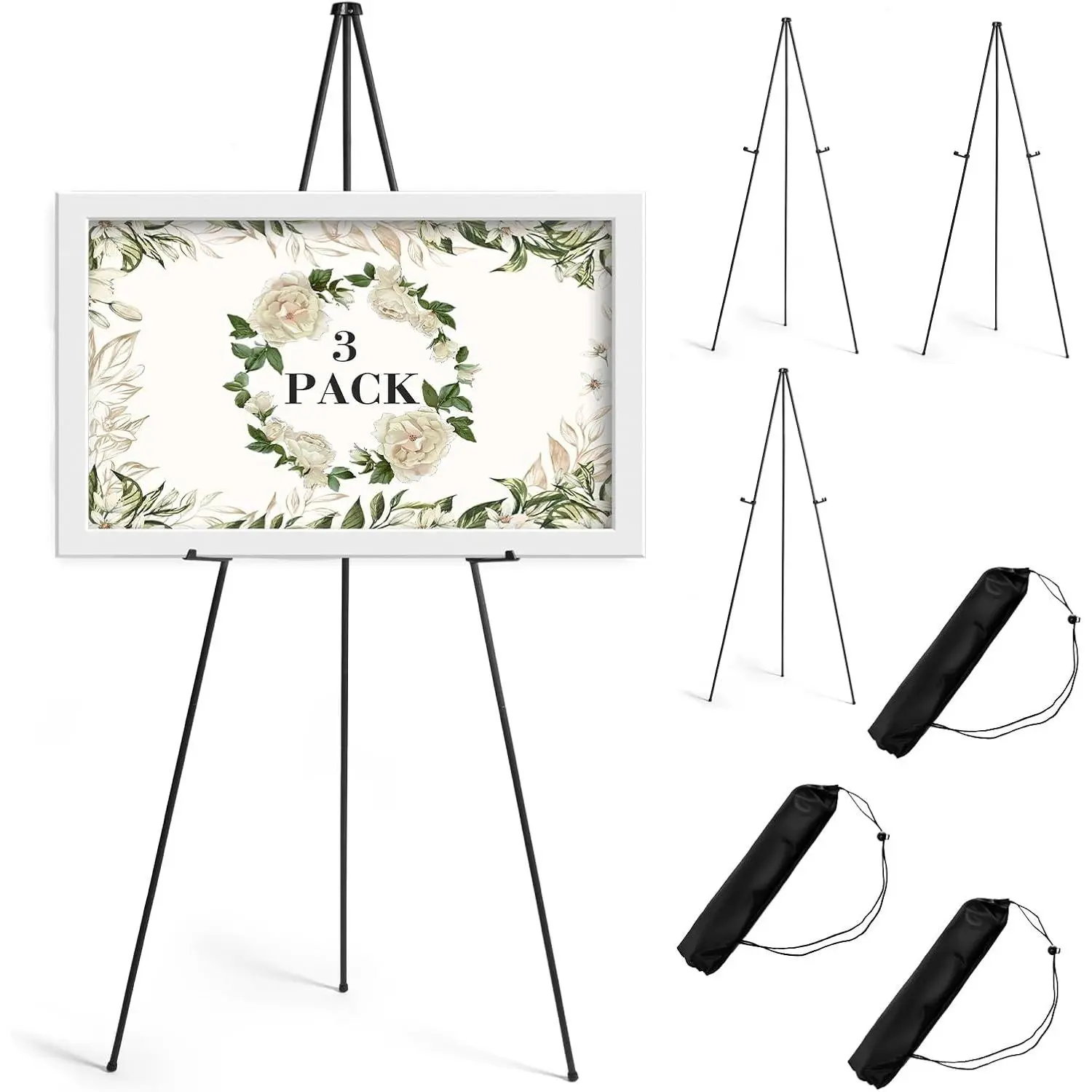 63" 3 Pack Portable Foldable Black Metal Adjustable Easel Stand, Poster Holder for Painting Display Wedding Arts Poster