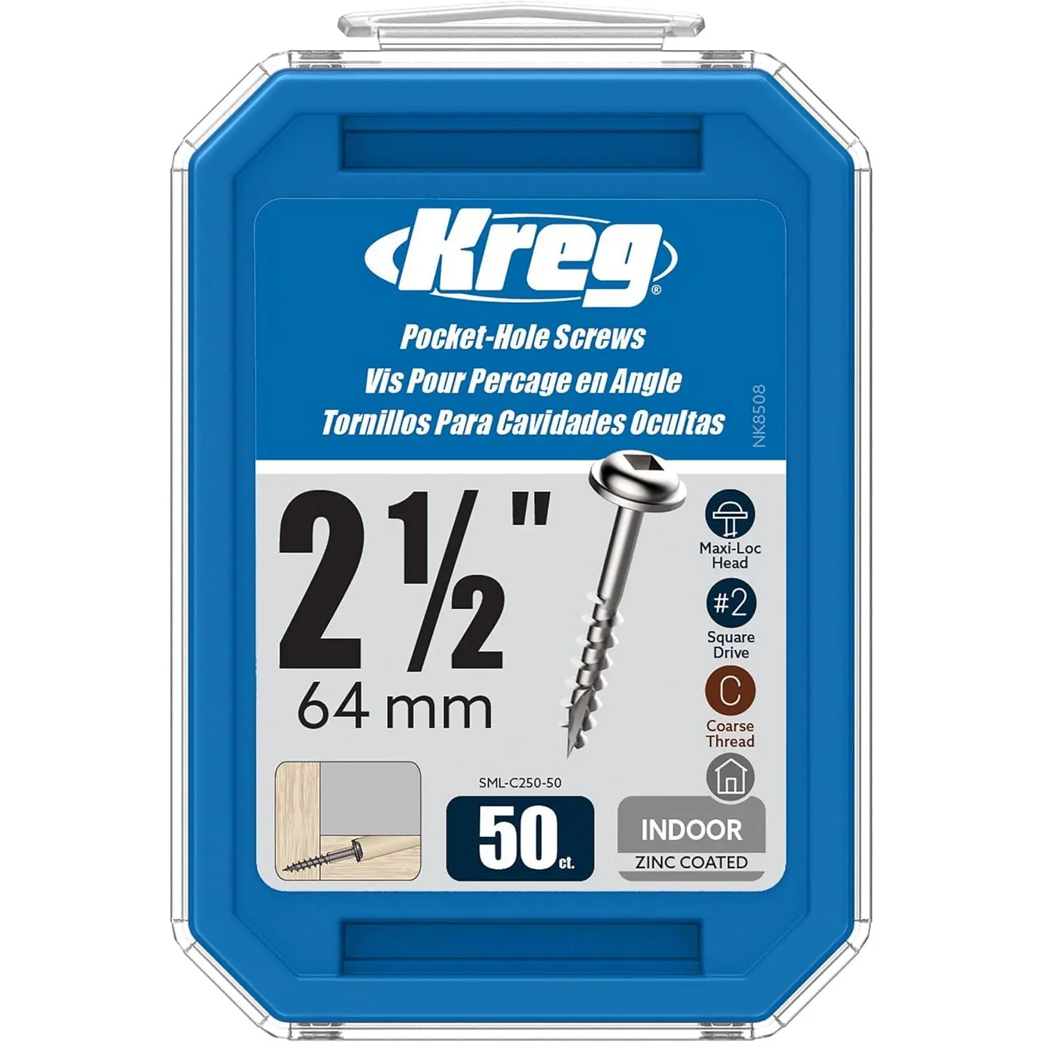 Kreg Zinc Pocket-Hole Screws - SML-C25-50 - 2-1/2 Inch - Coarse Thread - Maxi-Loc  - Indoor - 50 Count
