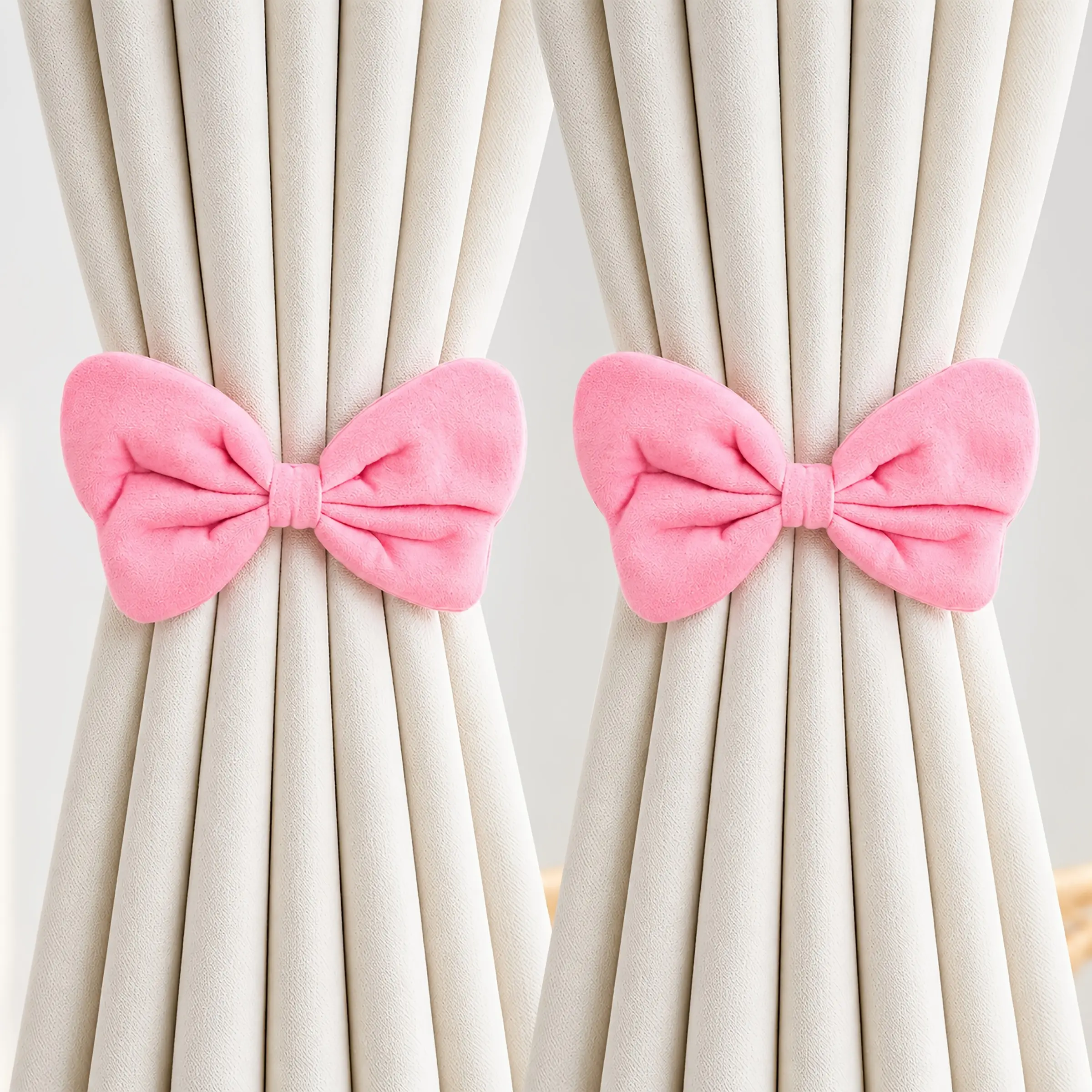 2-Pack Multicolor Soft Velvet Bow Curtain Tiebacks, Adjustable Faux Pearl No-Hole Curtain Tiebacks, Home Decor for Bedroom Living Room