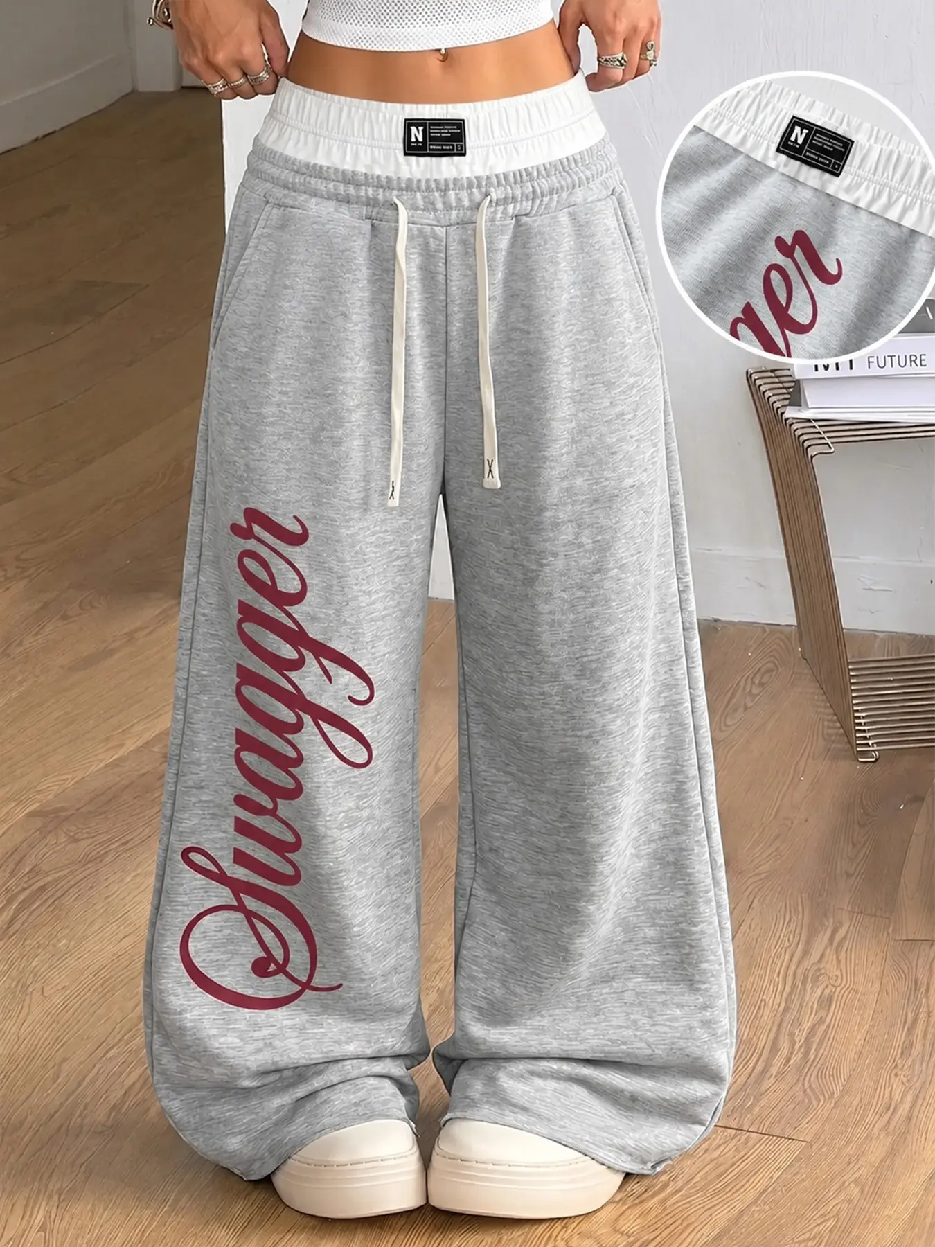 Women's Gray Letter Print Sweatpants, Plaid Layered Waist Drawstring Wide Leg Pants, Baggy, Loose Casual Streetwear Joggers for Fall Winter and Daily Wear