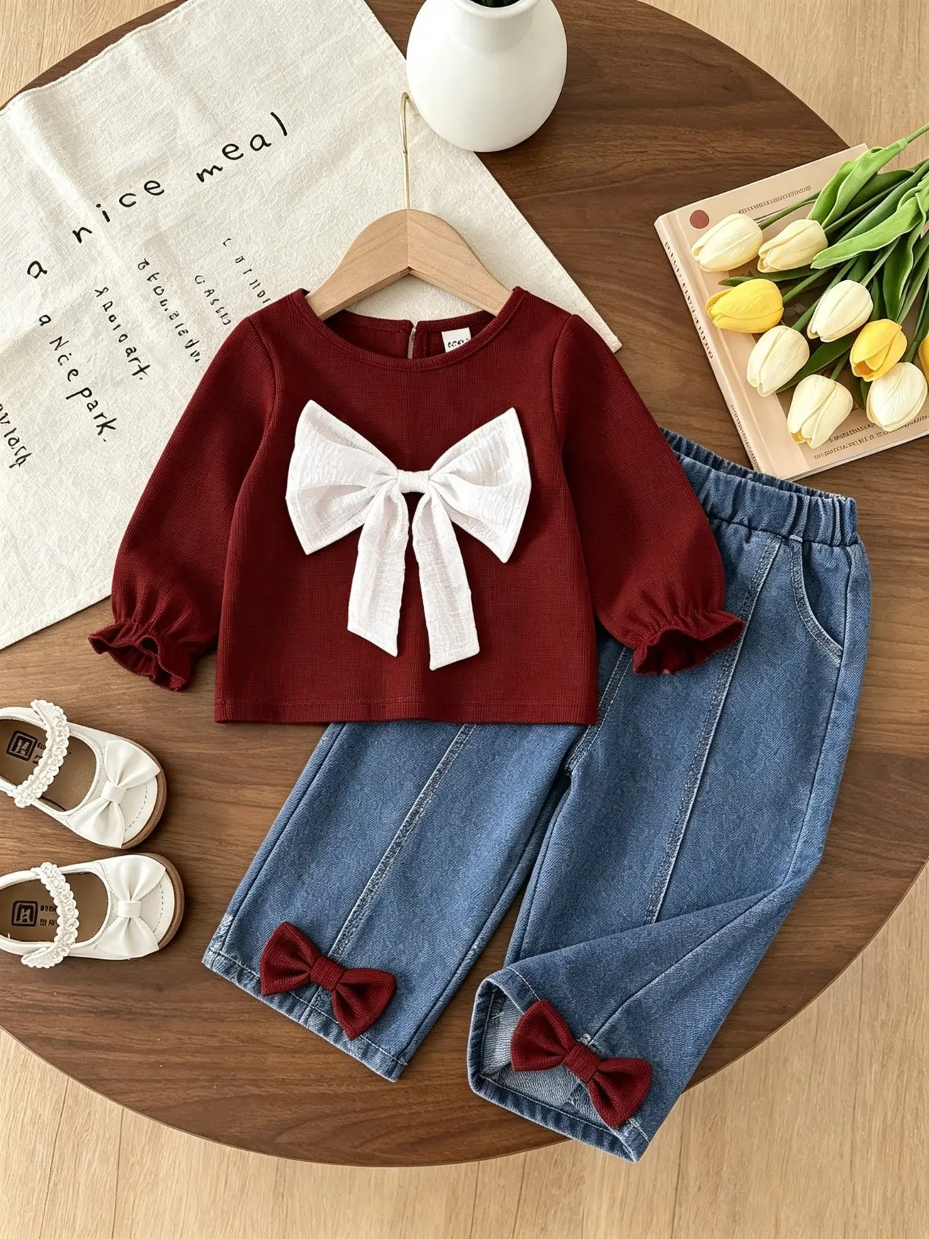 Two-Piece Baby Girl Set, 3D Bow, Fluffy Ruffle Sleeve Top, Soft Elastic Waist Jeans, Casual Slim-Fit Capri Pants