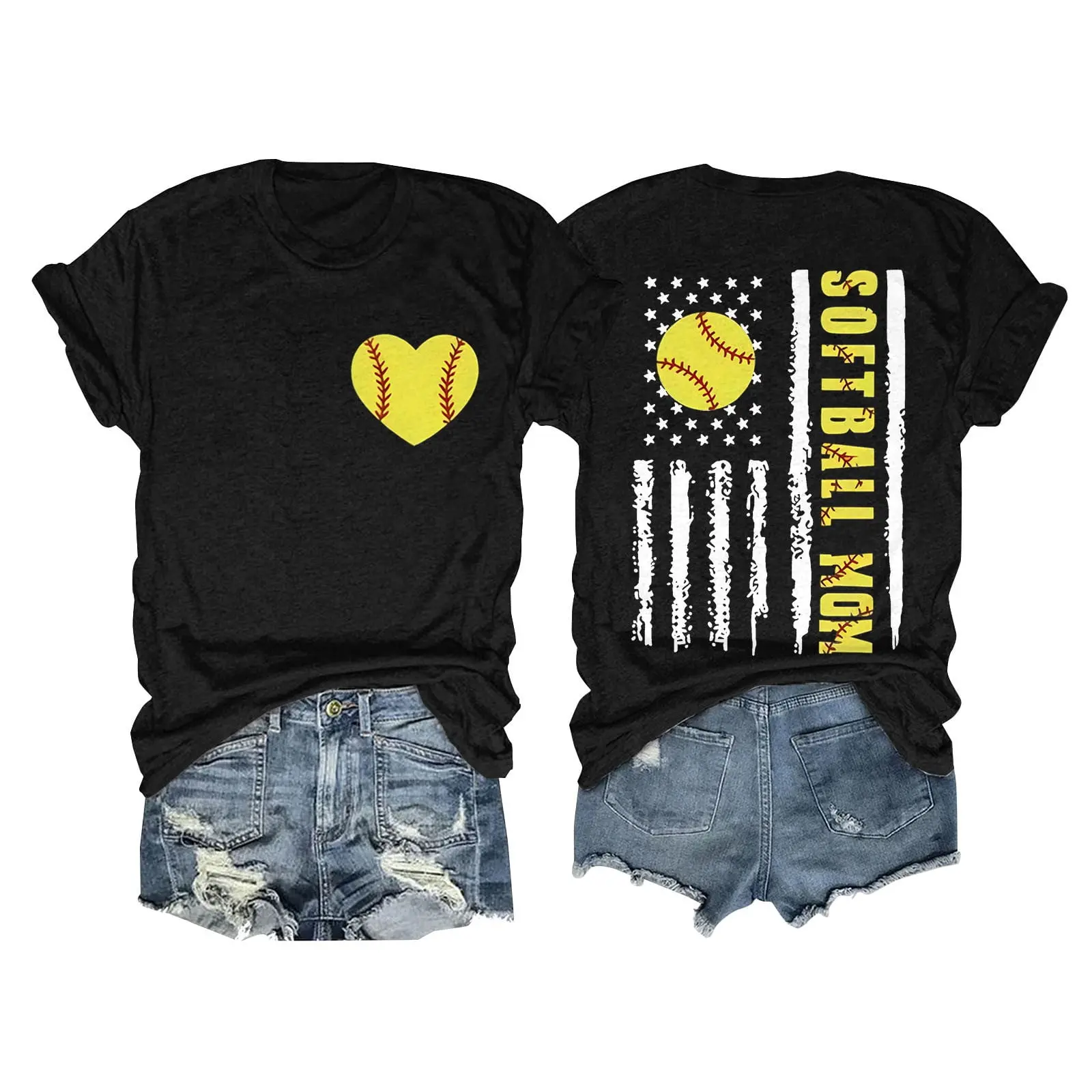 Softball Mom T-Shirt, Vintage Distressed USA Flag Graphic, Double Sided 100% Cotton Casual Game Day Top for Women S-3XL, 2Xl, All Seasons, Cold Wash, Do Not Iron, Letters Sports T-Shirt, Field Watch Days, Lightweight, Loose-Fitting, Heart, Joggers