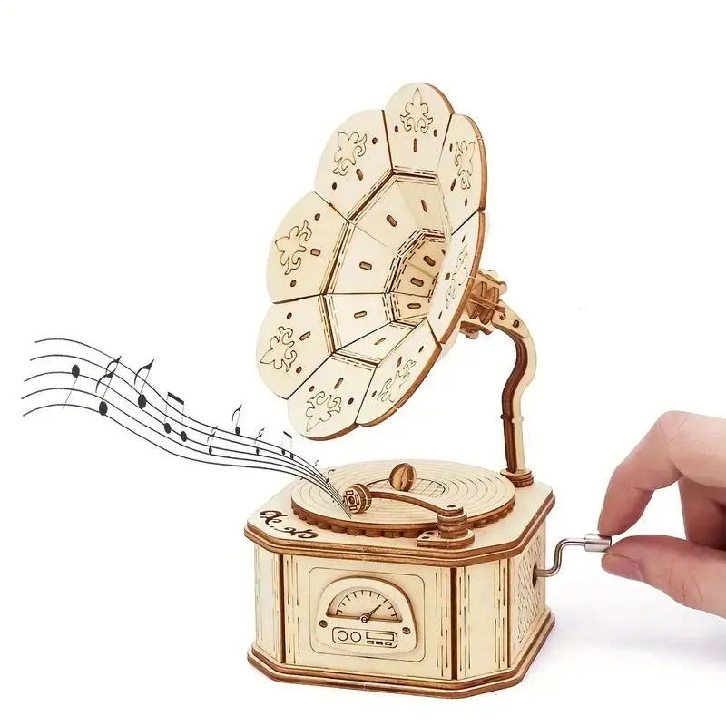 Wooden 3D Puzzle Toy, Phonograph Music Box, Handmade Wooden Craft, Desktop Decoration, Holiday Gift, Kids Teen Birthday Christmas Present
