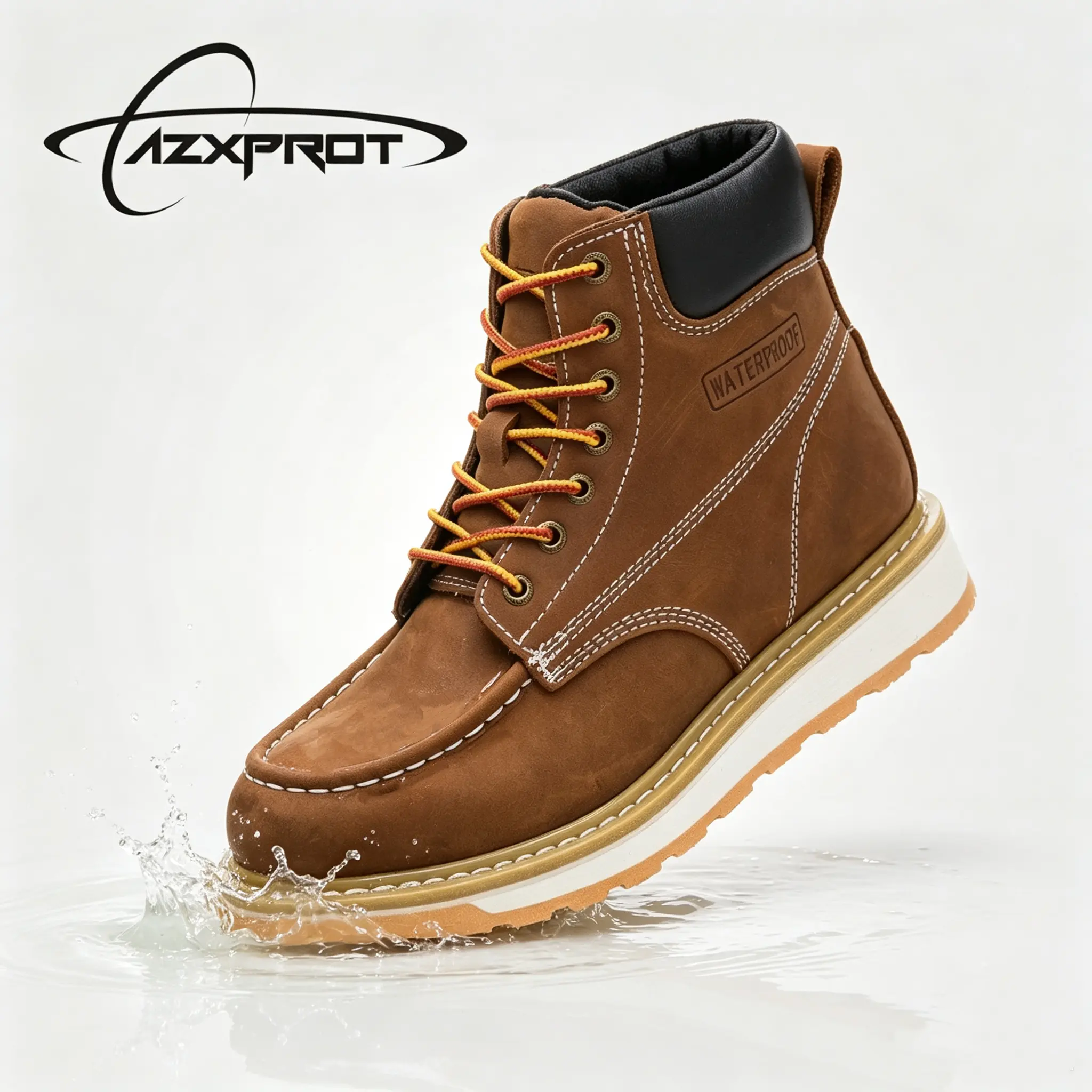 AZXPROT Men's Work Boots, Plain Round Toe Waterproof Cow Hide Leather Footwear, Breathable Lace-up Design with Lightweight Slip-Resistant Sole for Outdoor Use, Closed, Waterproof Work Shoes, Cuban, Farming, All Seasons