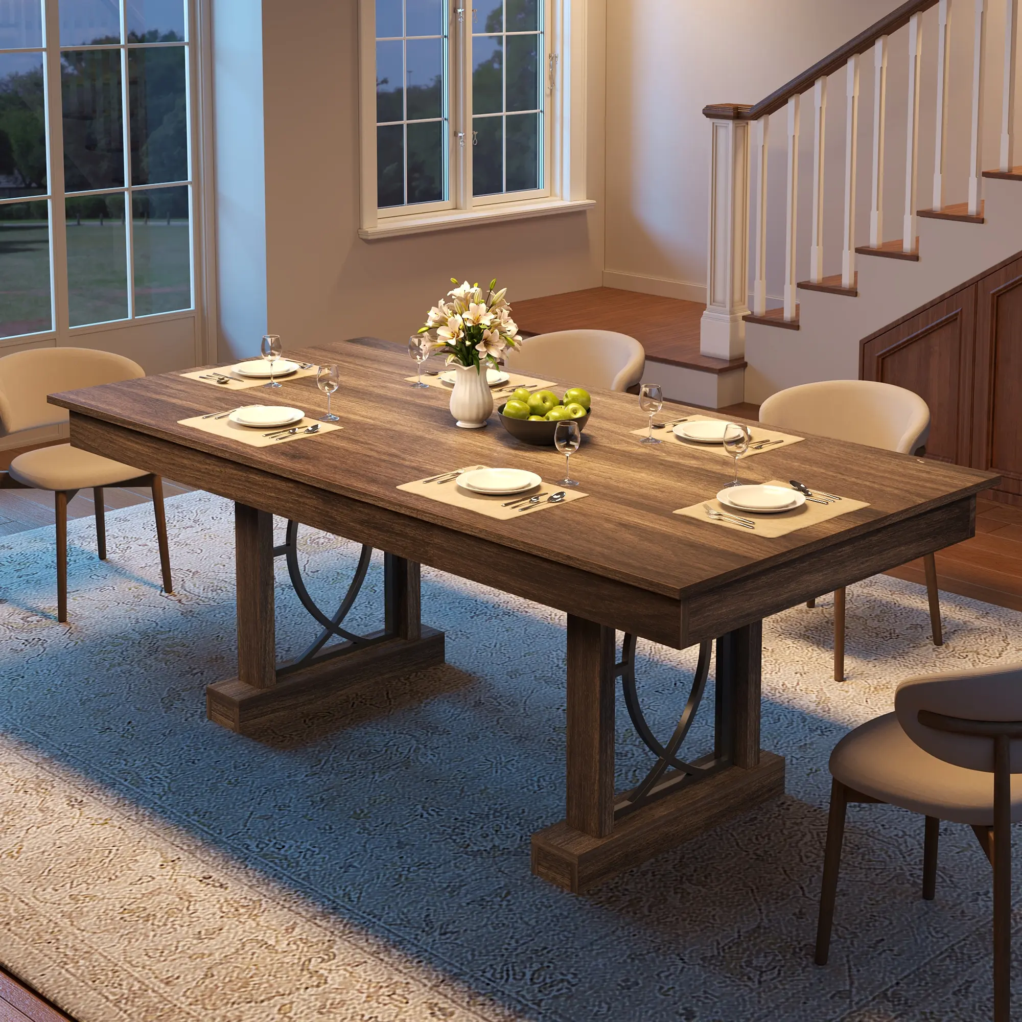 71 Inch Large Rectangular Dining Table for 6-8 People, Double Pedestal Wooden Kitchen Table with 2 Storage Drawers, Heavy Duty Sturdy Frame Dining Desk for Dining Room & Home Office