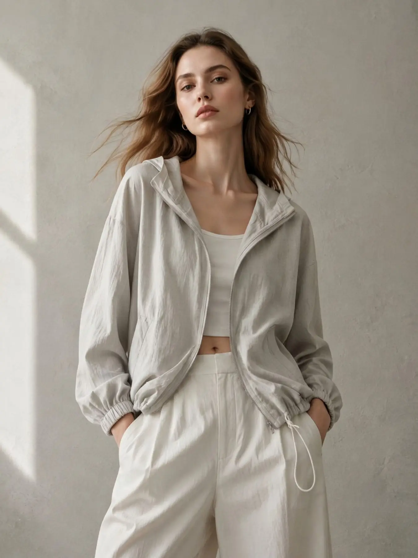 Hooded Full Zipper Jacket with Drawstring Hem, Loose-Fitting Casual Outerwear, Spring & Fall Fashion, Plain Pattern, Unlined Top