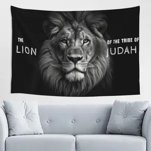 Durable Build |   The Lion of Judah Tapestry - Black & Golden Scripture Wall Hanging with White Lettering, Polyester Suede Fabric, Horizontal Design for Bedroom, Living Room, Dorm, or Home Décor