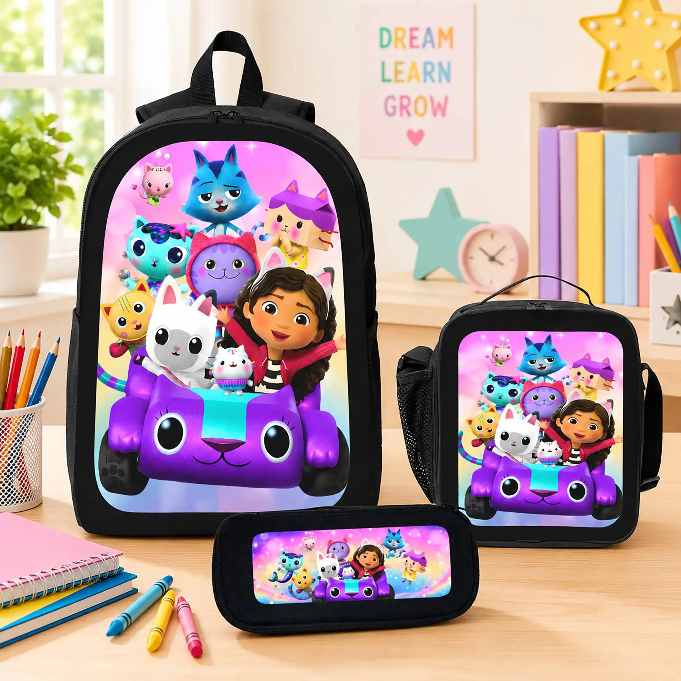 3 Pcs Backpack Set Gabbys Dollhouse Cartoon Printed Backpack Lunch Bag Pencil Case Polyester Travel Daily Carry Back To School For Girls Kids Students Fans TikTok Viral Trending Cute Kawaii Gift