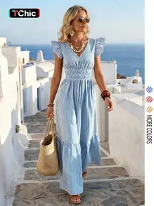 Women's Summer Striped V-Neck Waist-Cropped Dress, Slimming Fit for Vacation Travel, Bohemian Boho Style All Seasons Wear