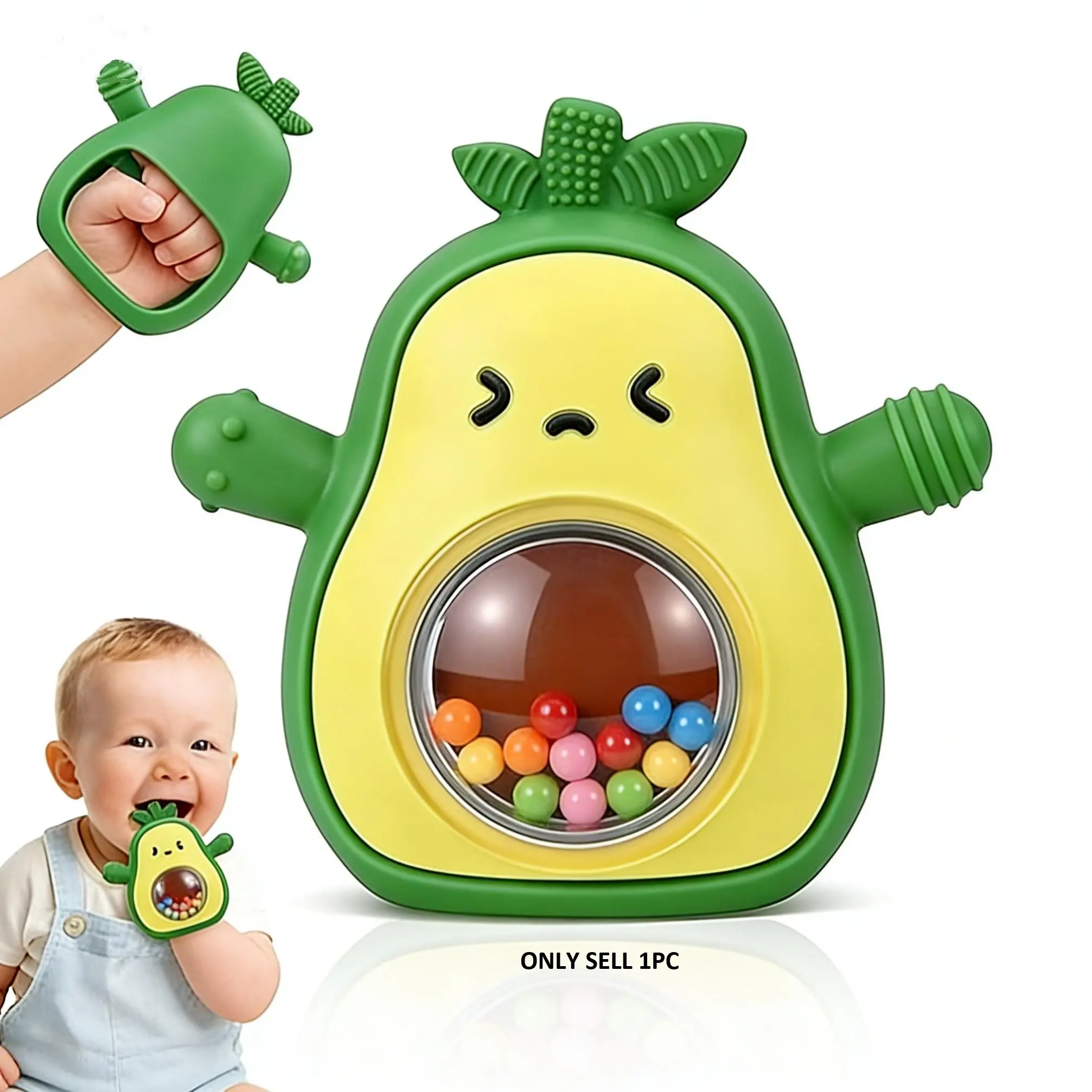 cute avocado Shaped Baby Teething Rattle, Multi-Textured Silicone Teether with Multiple Chew Points,Hand Grip Rattle Teether, baby teether toy,Sensory Play Toy