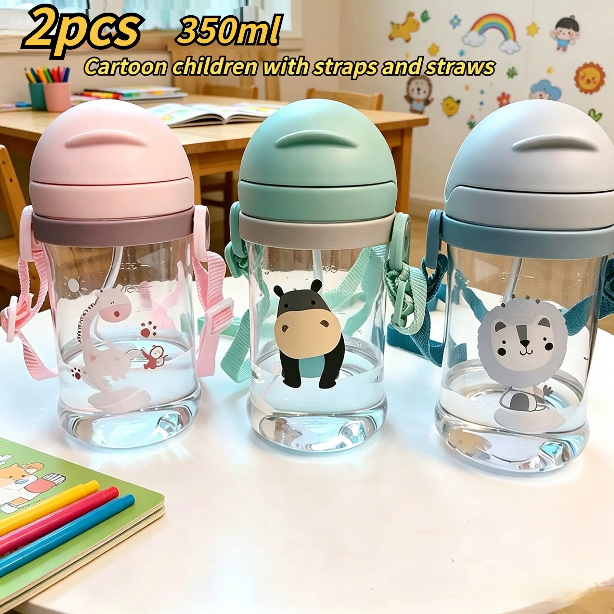 2pcs Cartoon Stride Water Cup, Anti-Drop Strap, Measuring Straw Cup, Bite-Suction, Prevents Choking, Ideal for Kids, Toddler Straw Cup