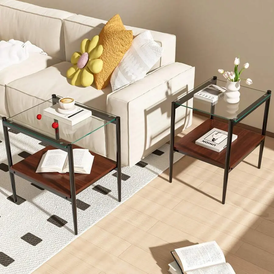 Set Of 2 Rectangle End Table, Tempered Glass Tabletop With MDF Layer, Modern Table For Living Room , Transparent Glass,Adjustable,Mobile,Standing,entryway,gaming,desk,office,,affordable,dining,bedroom,vanity,,coffee,dinner,home,use,,black,finish,,space,