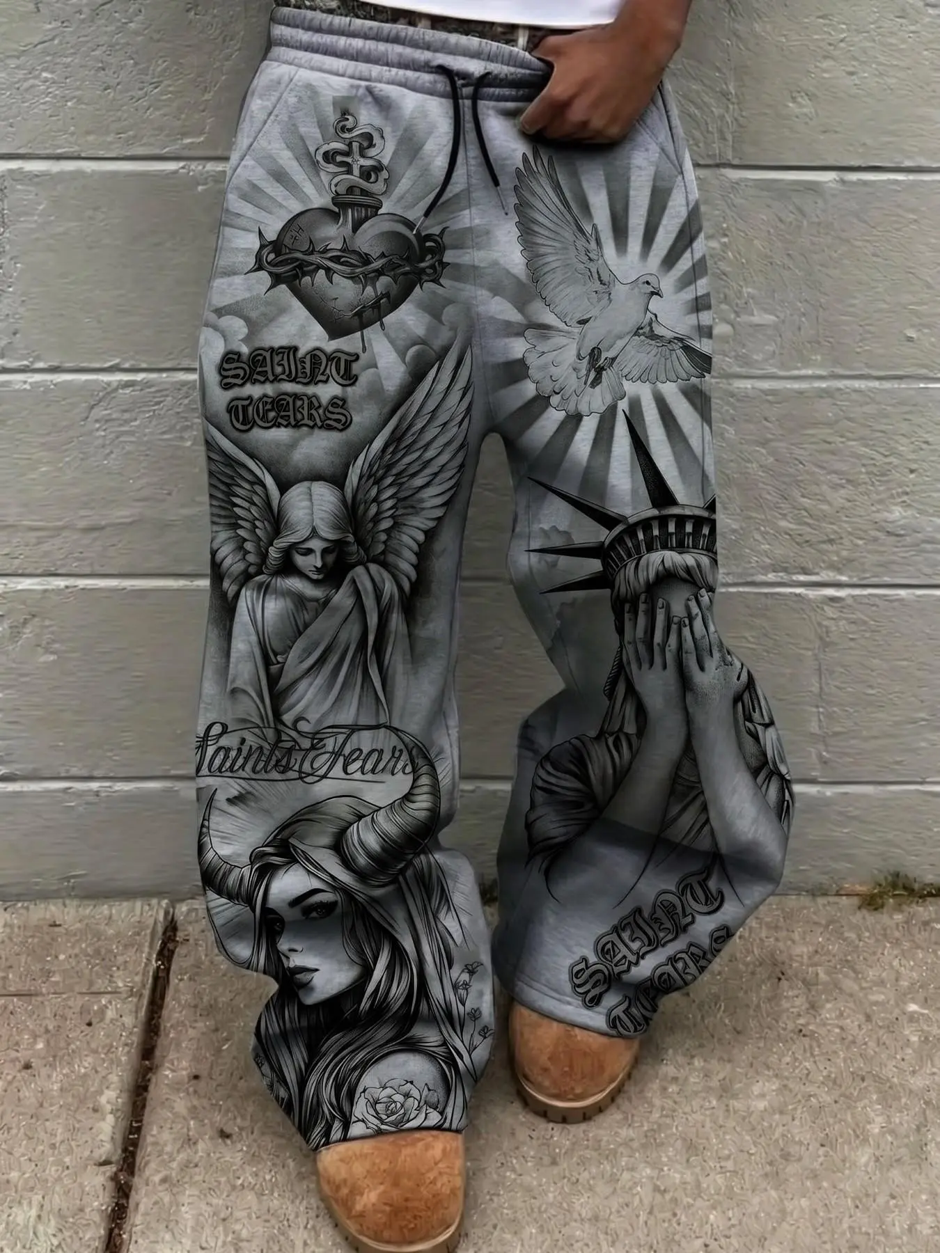 Men's Street Style Baggy Wide Leg Trousers, Angel Devil Sketch Print, Liberty Goddess Religious Design, Trendy Slimming Pants for All Seasons