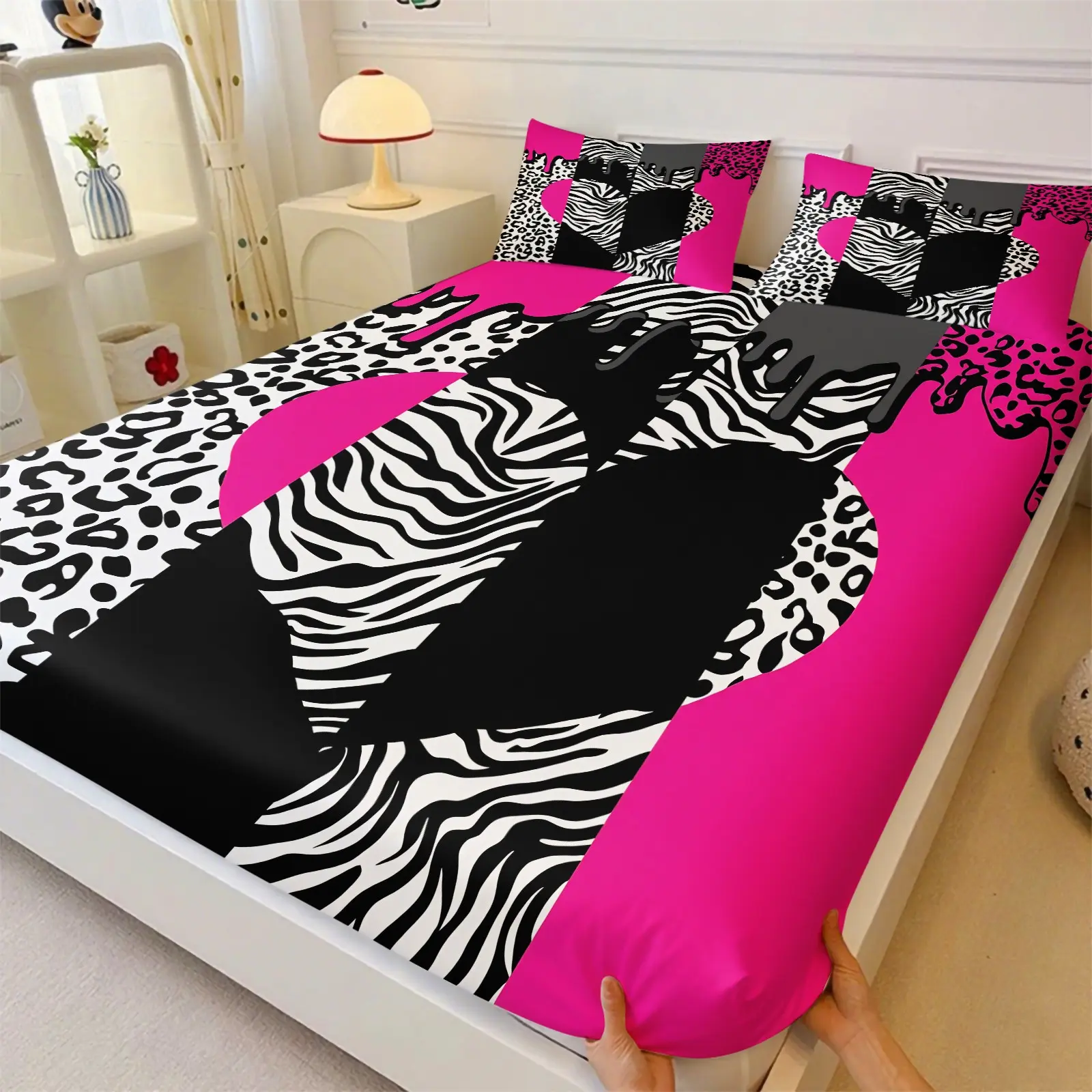Hot Pink Black White Patchwork Heart Zebra & Leopard Fitted Sheet Set & 2 Coreless Pillowcases, Skin-Friendly Breathable Fabric With Deep Pocket Anti-Slip Design. Trendy Contrast Animal Print, Ideal Birthday Gift For Friends Stylish Bedroom Decor