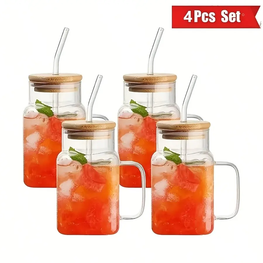 Heat-Resistant Glass Square Cup Set with Lid and Straw, Water Tumbler with Straw, Leak-Proof Design, Ideal for Milk Tea, Cold Drinks, Smoothies, Office, Travel, Parties