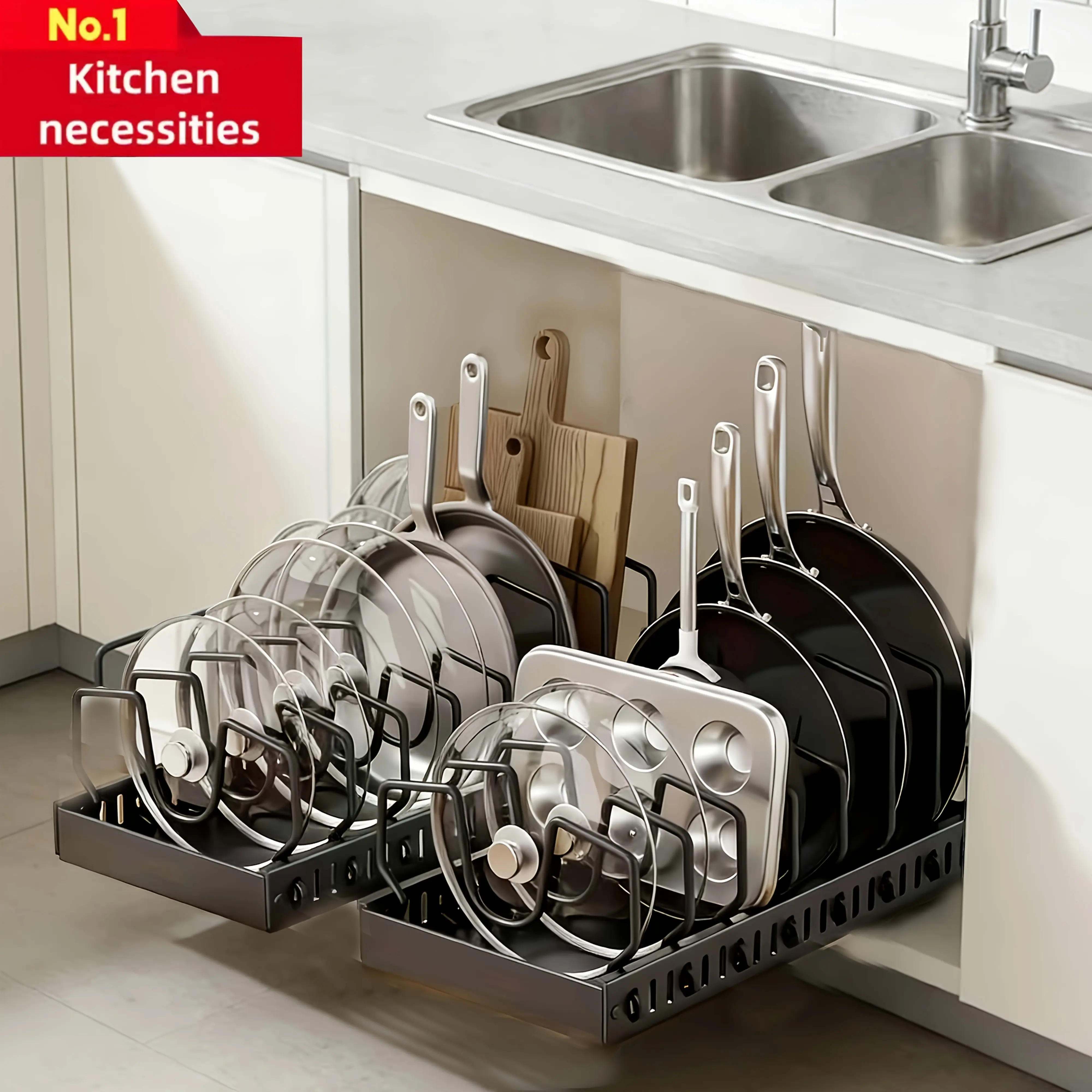 Pots And Pans Organizer For Under Cabinet Pull Out Cabinet Organizer Sliding Pot And Pan Organizer In Kitchen, Cabinet Pull Out Shelves, For Pots, Lids And Pan Organizer With Two Types Of Shelves