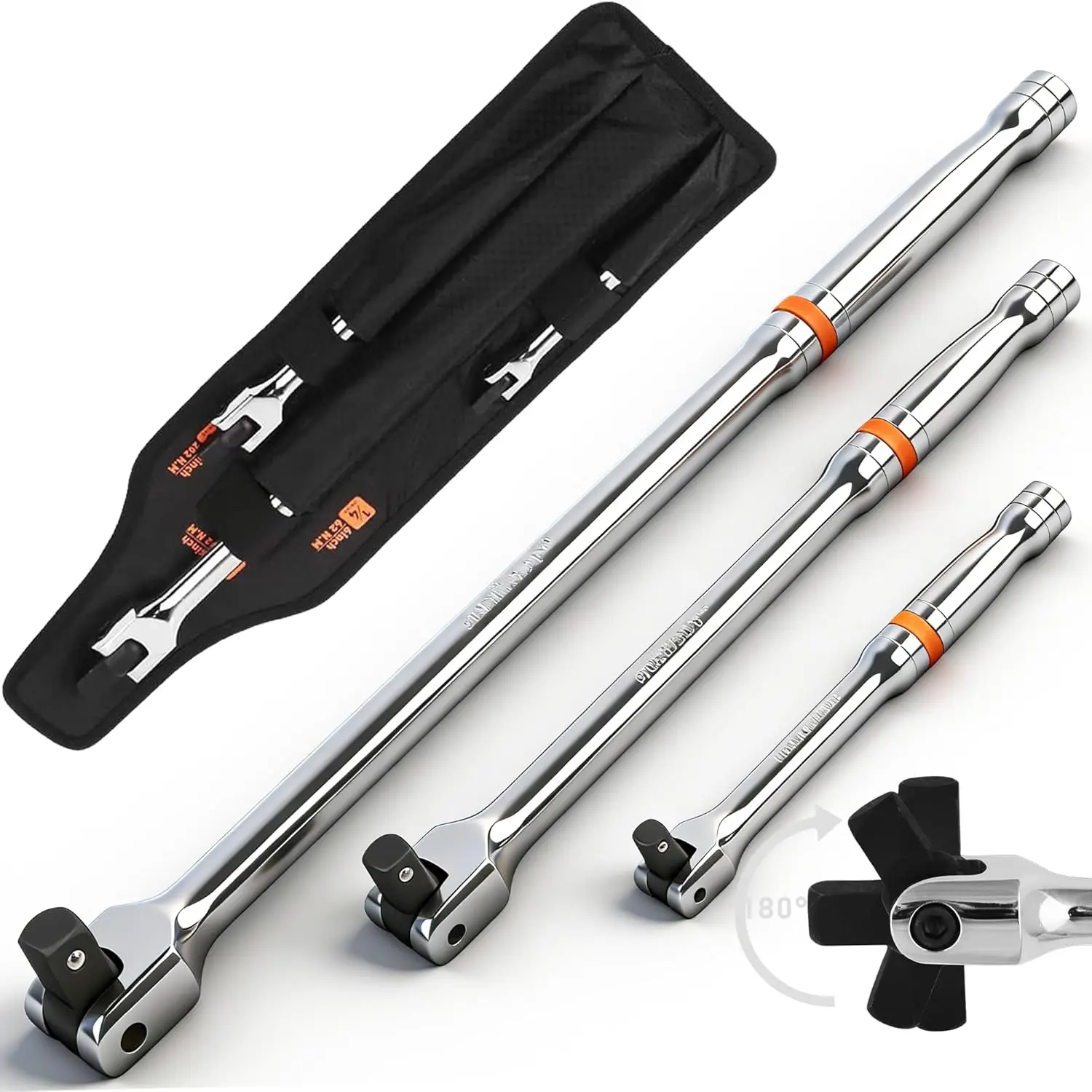 Baby Costume Jewelry Heavy-Duty 3-Piece Breaker Bar Set, New Model with 180° Rotation Head, 1/4'' 3/8'' 1/2'' Drives, 6'' 10'' 15'' Chrome Vanadium Steel Bars
