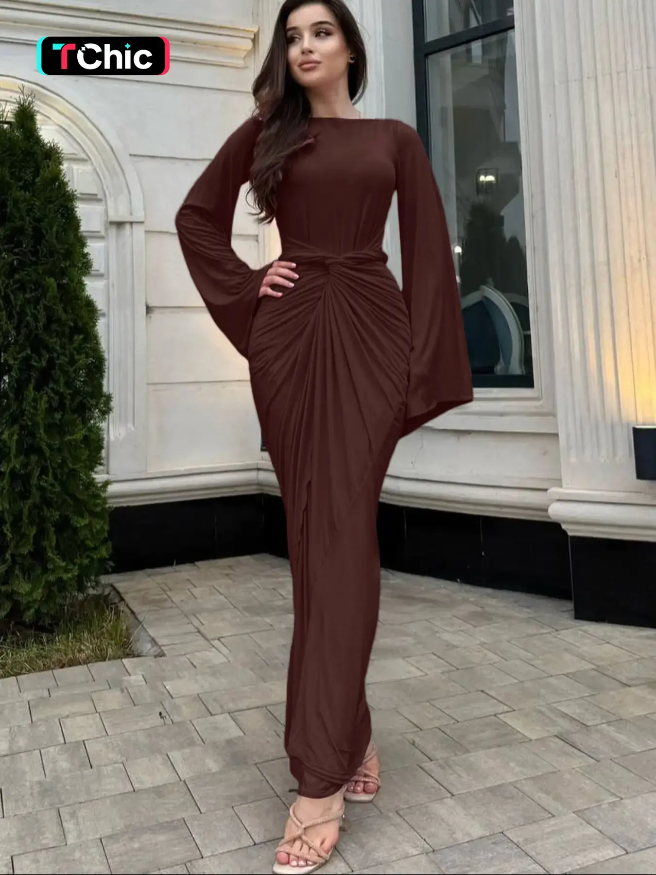 Women's Solid Ruched Twisted Lace-up Flounce Long Sleeve Bodycon Nfinity Dress, Chic, Elegant, Plain Knotted Plicated Tie-back Maxi Long Dress, Ladies Spring Fall Winter Party Club Dating Evening Gown Formal Wear Dress, Daily Fashion Casual Dresses