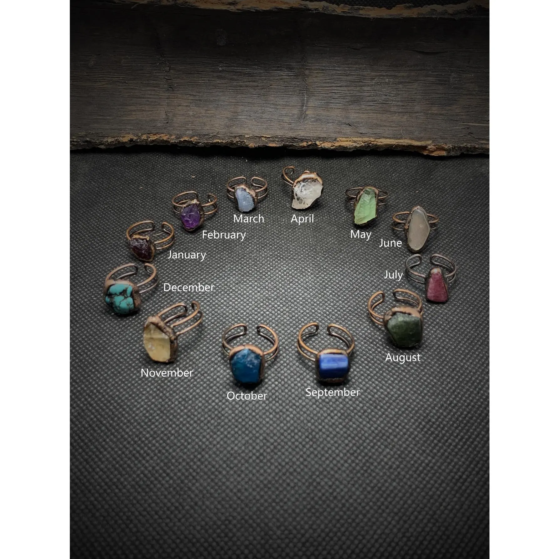 Vintage-style 12 birthstone natural rough stone irregular open adjustable ring, a birthday gift for women.