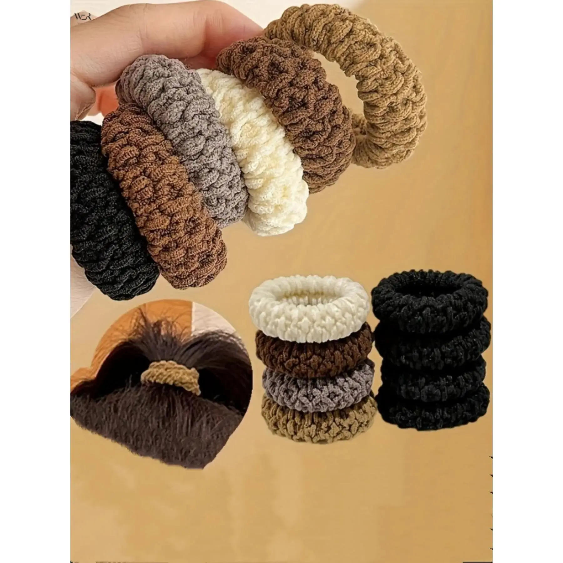 Women's 12-Pc Random Color Knit Elastic Round Hair Scrunchies - Knit Texture, Soft Fabric, Gentle Grip Neutral Tones, Casual Daily Wear Accessory Gift for Women/Girls
