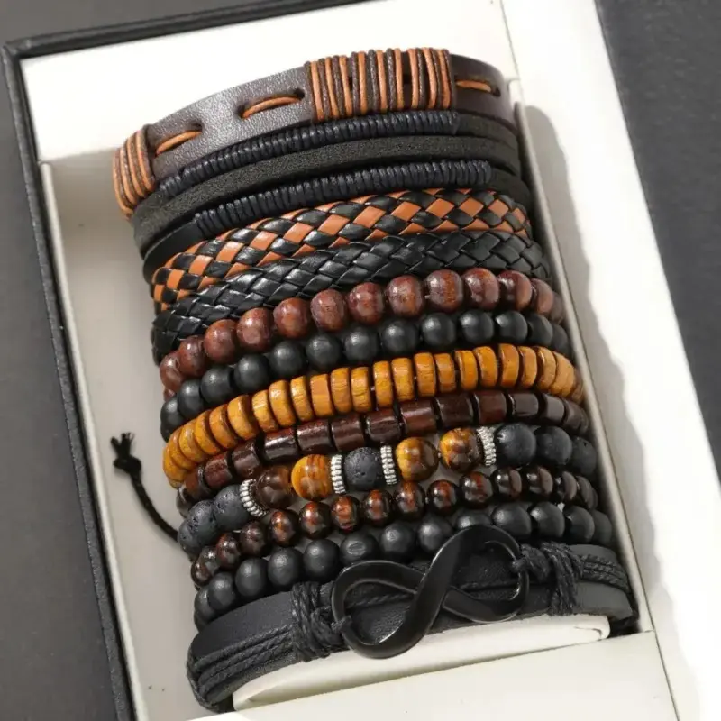Unisex 12-Piece Beaded Jewelry Stack - Vintage Woven PU Leather & Beaded Accessories with Tiger Eye, Moonstone, Adjustable for Daily, Casual Wear, Baroque Multicolor Fashion Jewelry for Anniversary, All Seasons