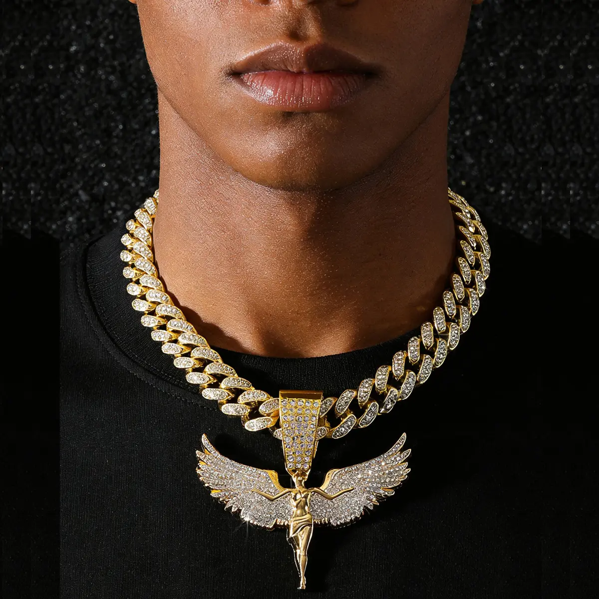 New Men's Full Diamond Chain Hip Hop Personality Angel Wings Pendant Necklace