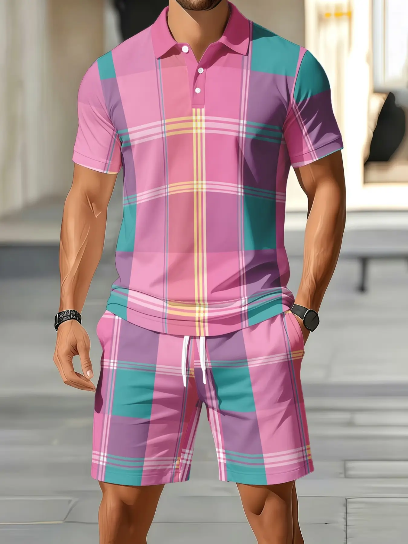 Men's Polo Set, Summer Fashion Plaid Polo Shirt Set, Trendy Colorblock Breathable Casual Two-Piece Set, Slim-Fitting Tee
