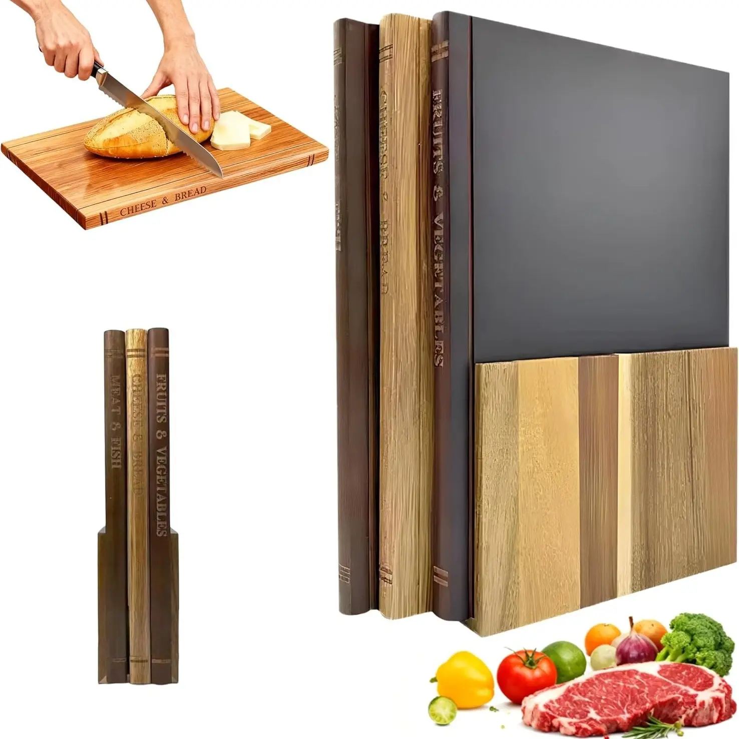 Book-Shaped Durable Wooden Cutting Board Set, Includes 3 Boards and Base, Ideal for Kitchen Cutting Vegetables Cheese Bread Meat, Decorative Gift Set
