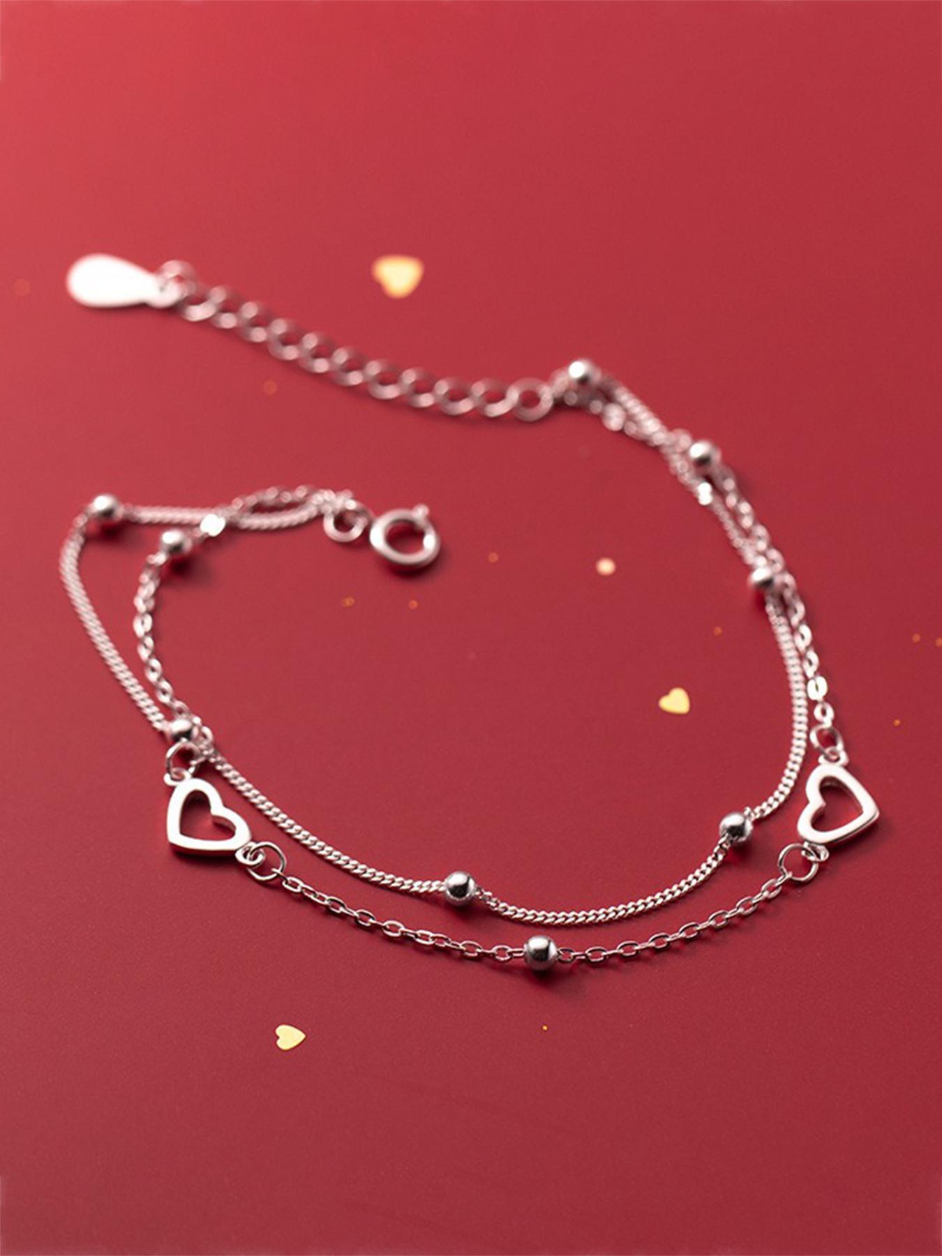 S925 Sterling Silver Heart Design Double Layered Bracelet for Women, Exquisite Trendy Link Bracelet, Chic Gorgeous Jewelry As Gift for Girlfriend, Heart Shaped Bracelet