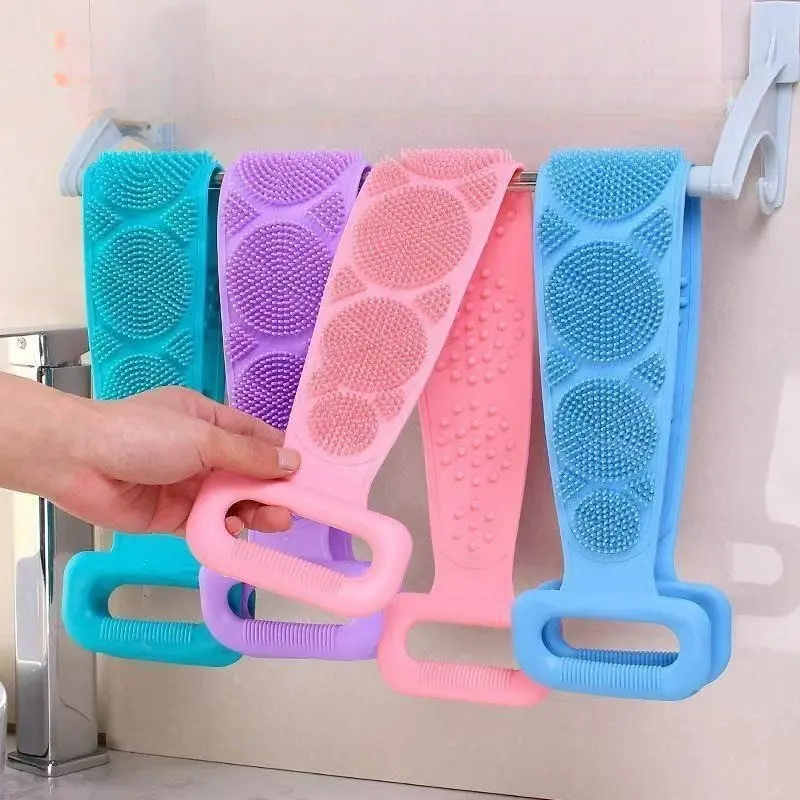 1 Pack Silicone Shower Scrubber, Dual-Sided Body Exfoliator Back Washer with Foaming Mesh Sponge, Long Bath Strap Equipped with Soft Silicone Bristles & Grips, Bathroom Cleansing Tool for Back & Full Body, Home Spa Self Care Accessory