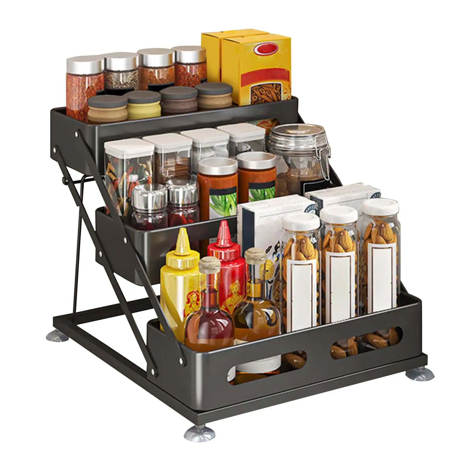 3 Tier Carbon Steel Spice Rack Adjustable Countertop Seasoning Organizer Kitchen Storage Shelf for Oil Sauce Bottle Condiment Holder