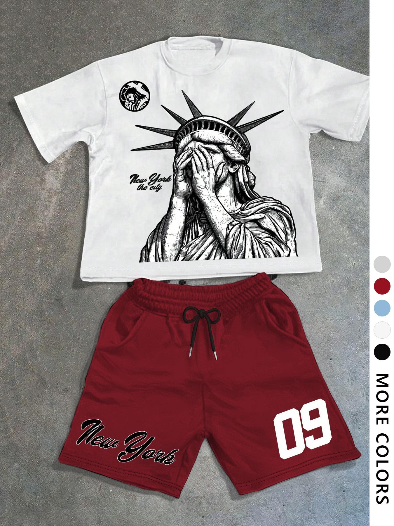 Men's Statue Of Liberty & Letter Print Short Sleeve Tee & Shorts Two-piece Set, Regular Fit Casual Round Neck T-shirt & Track Shorts, Men's Summer Clothes