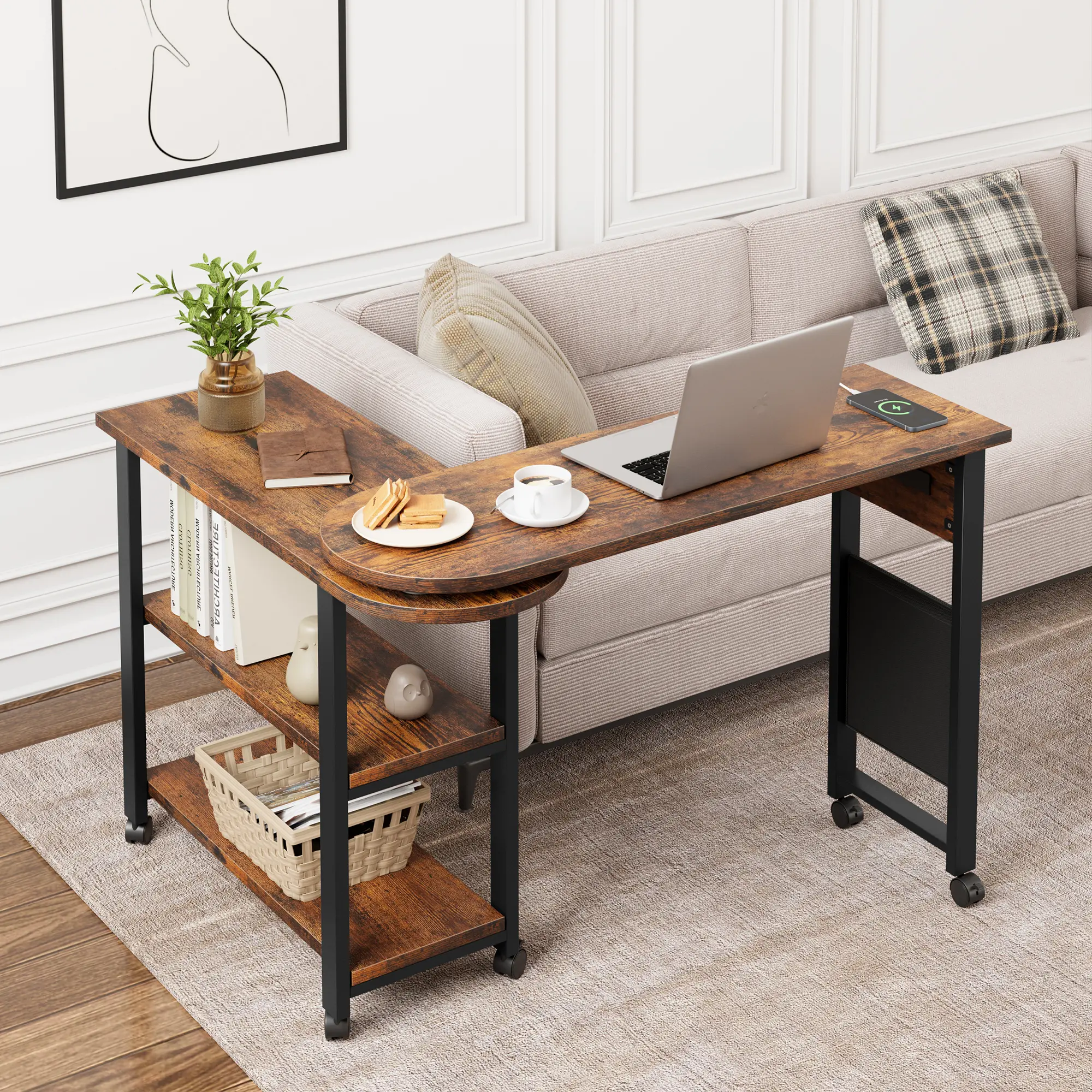 GARVEE Modern 360° Rotating 2-Tier Side Table with Charging Station & Port - Movable End Table with 6 Lockable Swivel Wheels, Extra Storage Bag - Ideal for Living Room, Bedroom, Charging Port