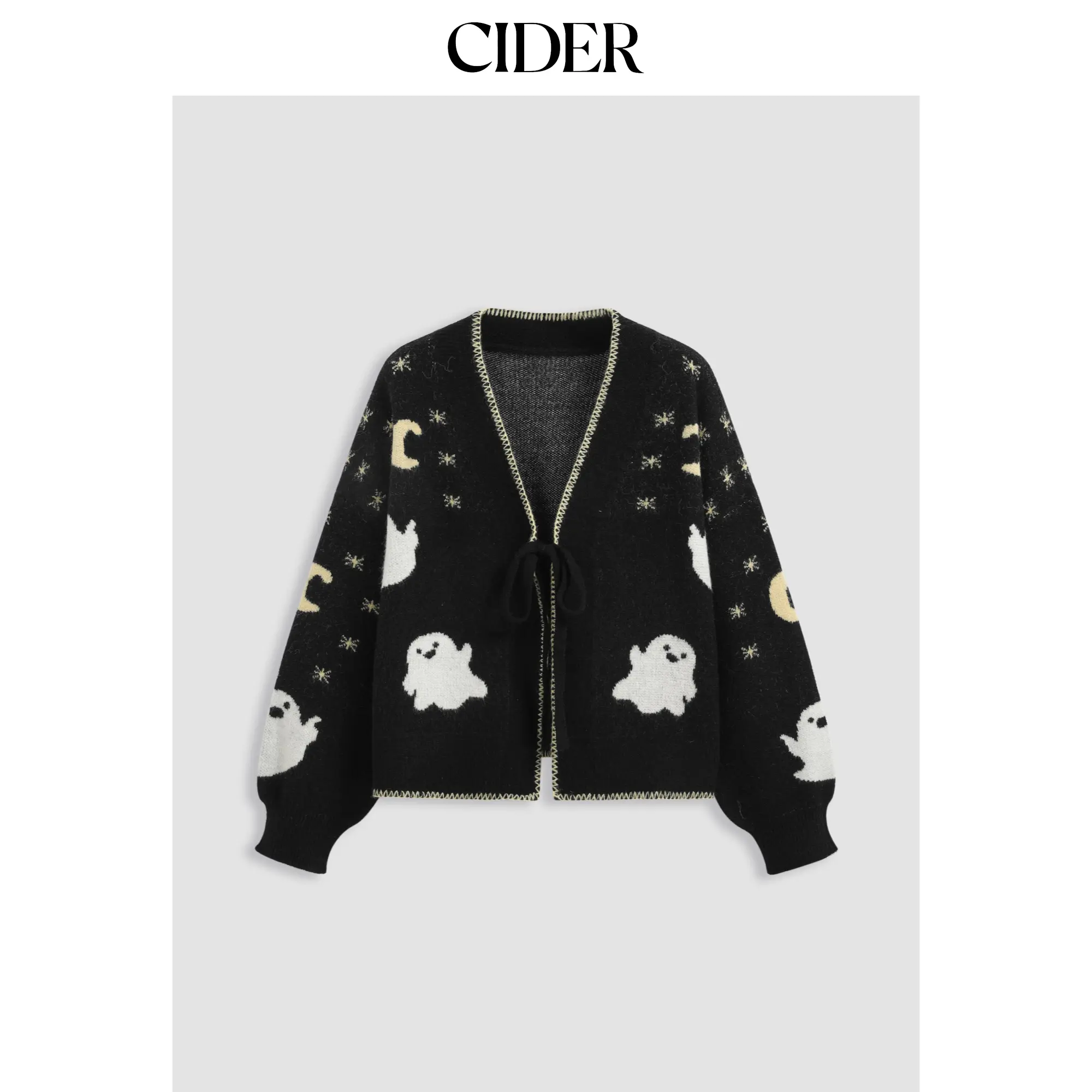 Cider [size 2-10] Knit V-neck Ghost Graphic Knotted Cardigan