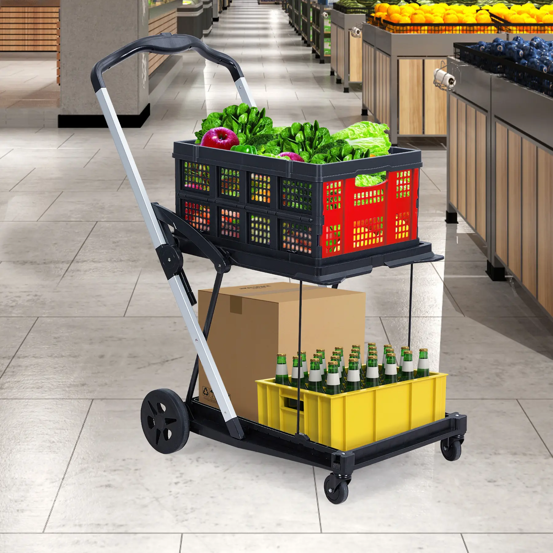 Collapsible Shopping Cart, Foldable Grocery Cart with Wheels and Removable Storage Crate, Multi Use Mobile Storage Cart Portable Rolling Cart for Home, Groceries, Supermarket