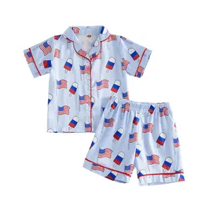 4th of July Toddler Pjs Kids Baby Boys Silk Satin Ruffle Button Down Pajamas Jammies Shorts USA Sleepwear Nightgown Summer Clothes