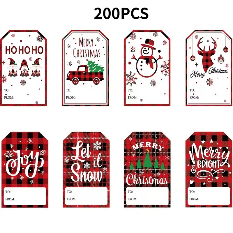 Christmas Gift Tags with Plaid Design, Holiday Paper Labels Featuring Ho Ho Ho, Joy, Merry Christmas, Let It Snow Messages