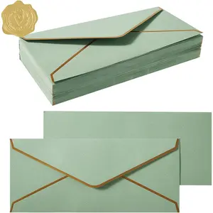 50 Pack #10 Business Envelopes with Gold Border Self Seal Standard Envelopes with Gold Stickers for Office Checks Letter Mailing Invoices 4 1/8 x 9 1/2 Inches Sage-Green