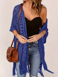 Women's Mid-Length Fashion Loose Knit Kimono Cardigan, Hollow Out Fringe Sun Protection Large Size Outerwear, Stylish Wrap Top