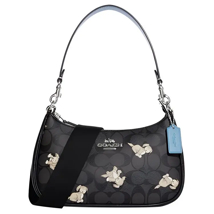 COACH Teri 24 Classic Monogram Zip Top Handle Crossbody Shoulder Bag for Women, Animal Print with Dog Motif, Genuine Leather, Medium Size, Black