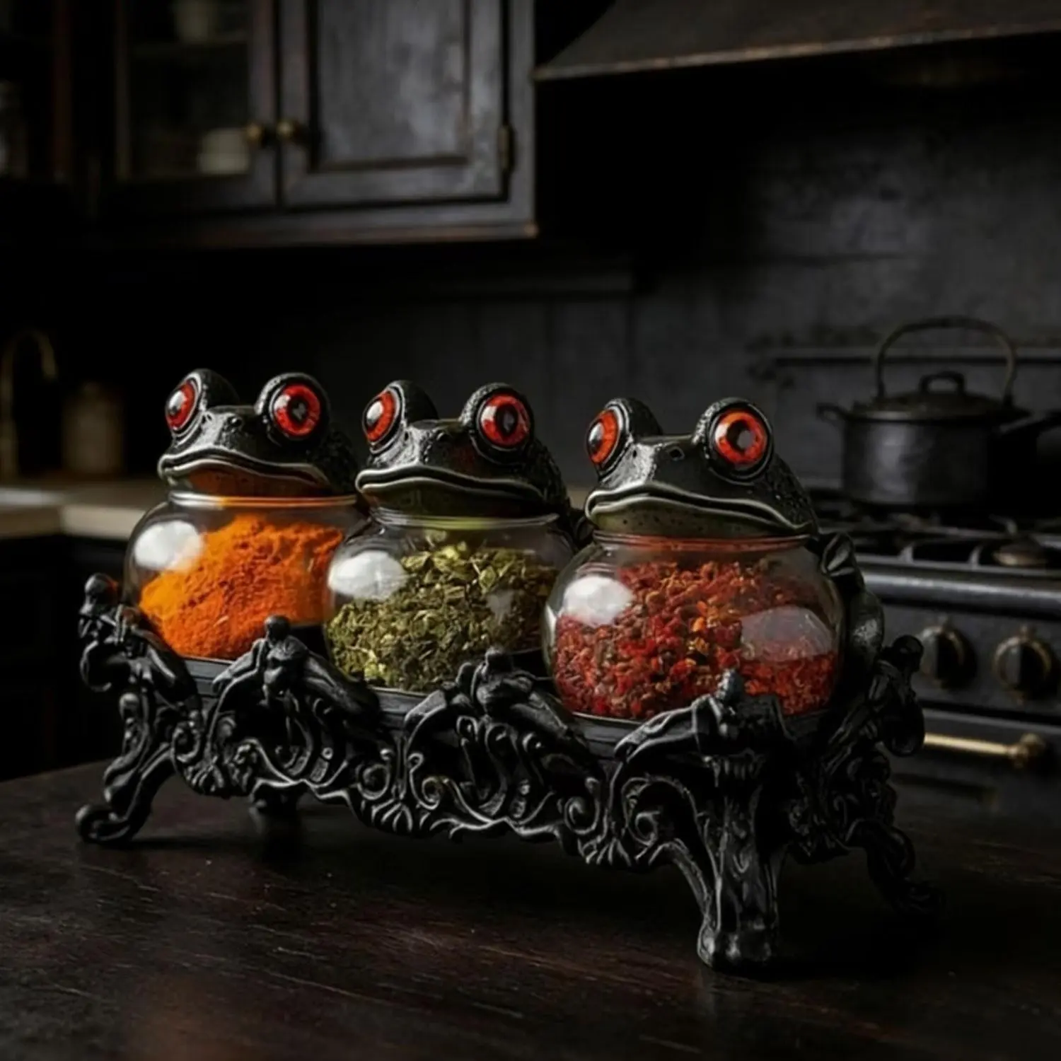 3 pieces of Gothic-style witch frog spice jars with carved bases, vintage handcrafted pharmacist jars with frog lids, kitchen food storage jars, Glass jars with lids, home decoration accessories suitable for Halloween and Chr