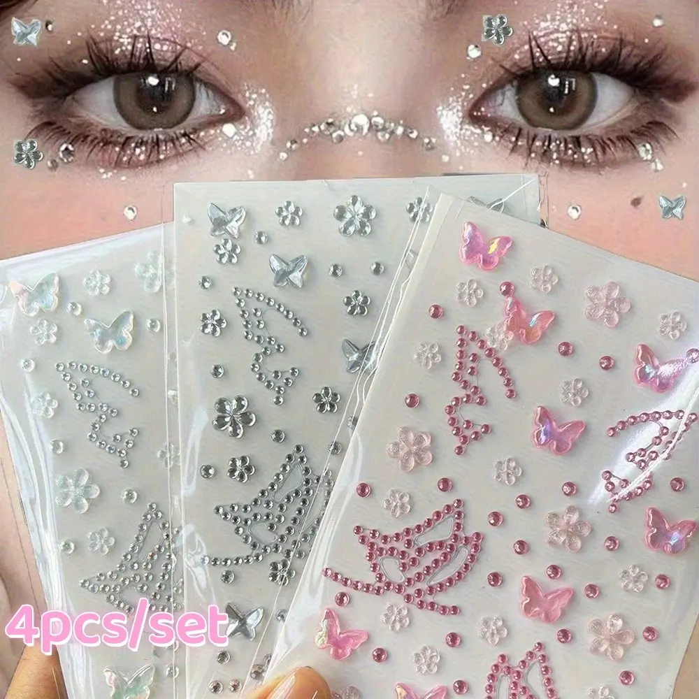 4pcs/set Colorful Floral Rhinestone Butterfly Flower Glitter Stickers, Self-Adhesive Facial Jewelry, Fashion Accessories for Parties, Festivals, Concerts, Party Ready