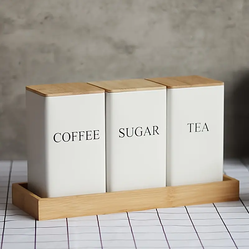 3Pcs TEA, COFFEE, SUGAR three combination sets storage box, spice jar, can store tea, coffee, fruit tea, candy, spices, seasonings, etc., kitchen storage set, Kitchen Containers, equipped with bamboo cover-metal storage container