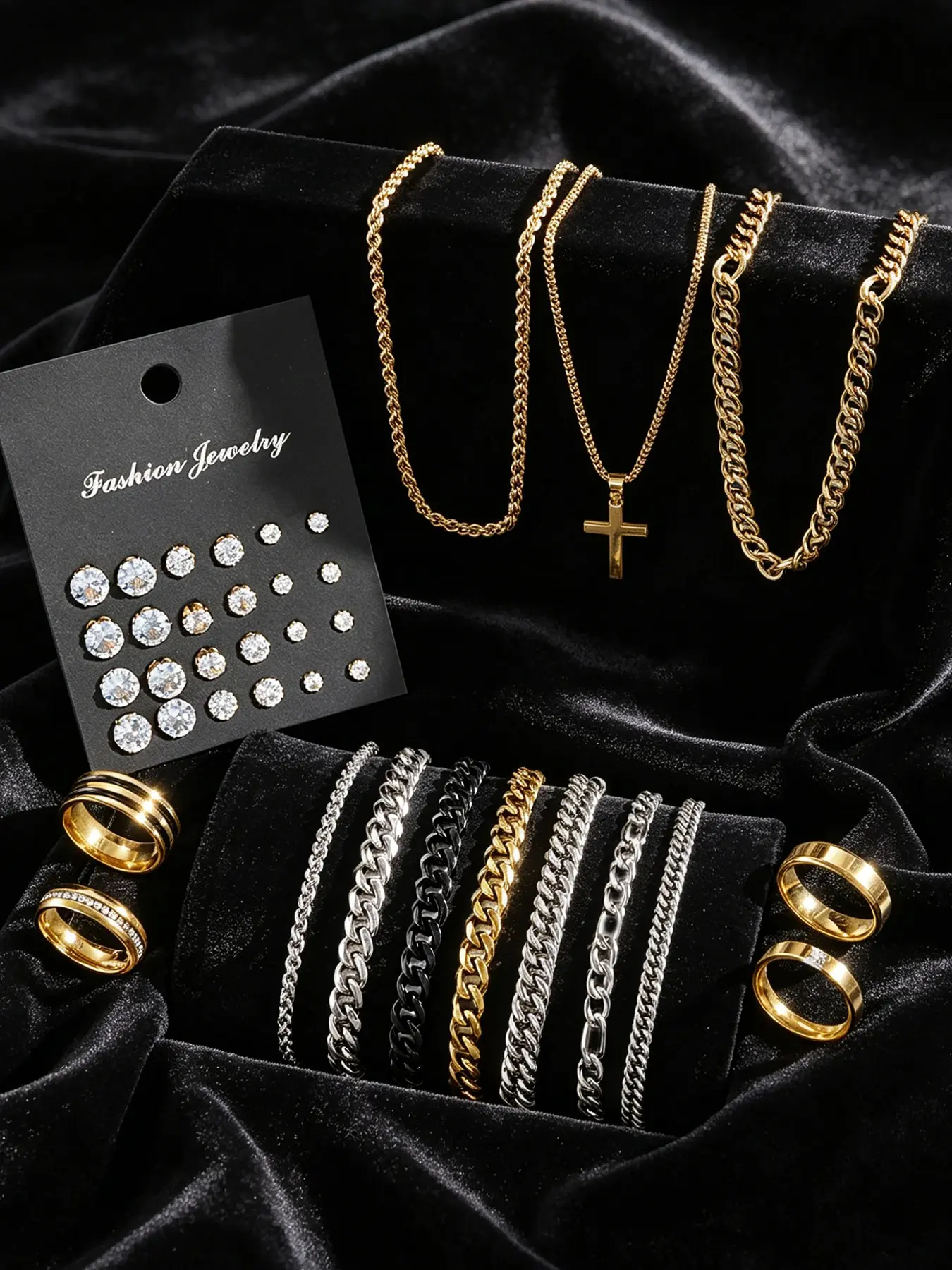 38-Piece Stainless Steel Jewelry Set, Men's Accessories, Zircon Earrings, Cross Necklace, Bracelet, Couple Jewelry, Daily Wear, Gift, Jewellery Gift Set