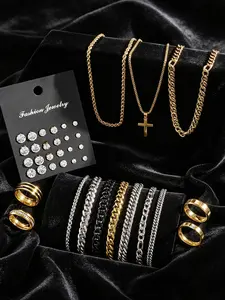 38-Piece Stainless Steel Jewelry Set, Men's Accessories, Zircon Earrings, Cross Necklace, Bracelet, Couple Jewelry, Daily Wear, Gift, Jewellery Gift Set