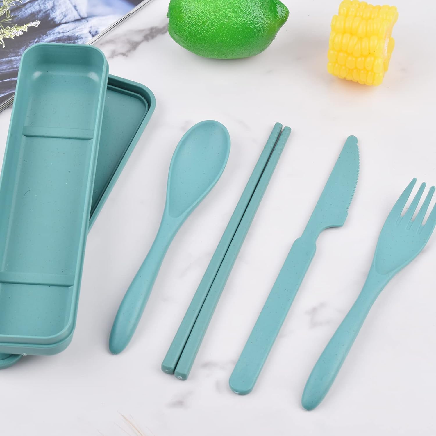 Utensils Set with Case, 4 Sets Wheat Straw Travel Cutlery Set, Portable Spoon  Fork Chopsticks Lunch Box Utensil Set for  Adults