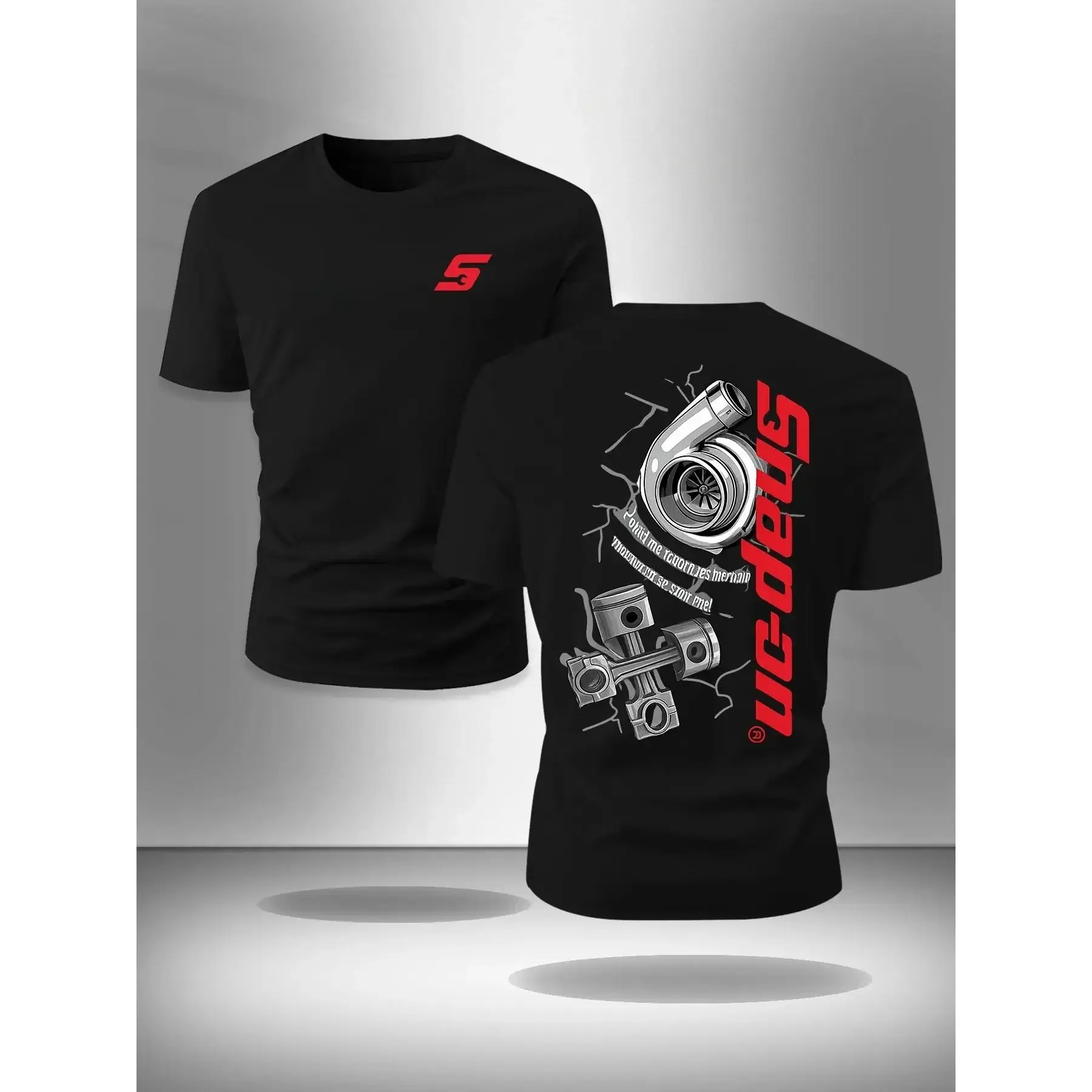 Turbocharger Piston T-shirt - Black Crewneck Round Neck Long T-shirt with small front and back Graphic patterns of turbocharger and piston, mechanical style, men's Fitted T-shirt, casual wear, gift for car enthusiasts, top men's streetwear casual wear
