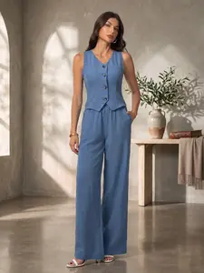 Women's Two-Piece Set, Blue Linen Solid Sleeveless Vest + Wide Leg Pants, Casual Office Wear, Comfortable and Stylish, Spring & Fall Fashion, Trouser
