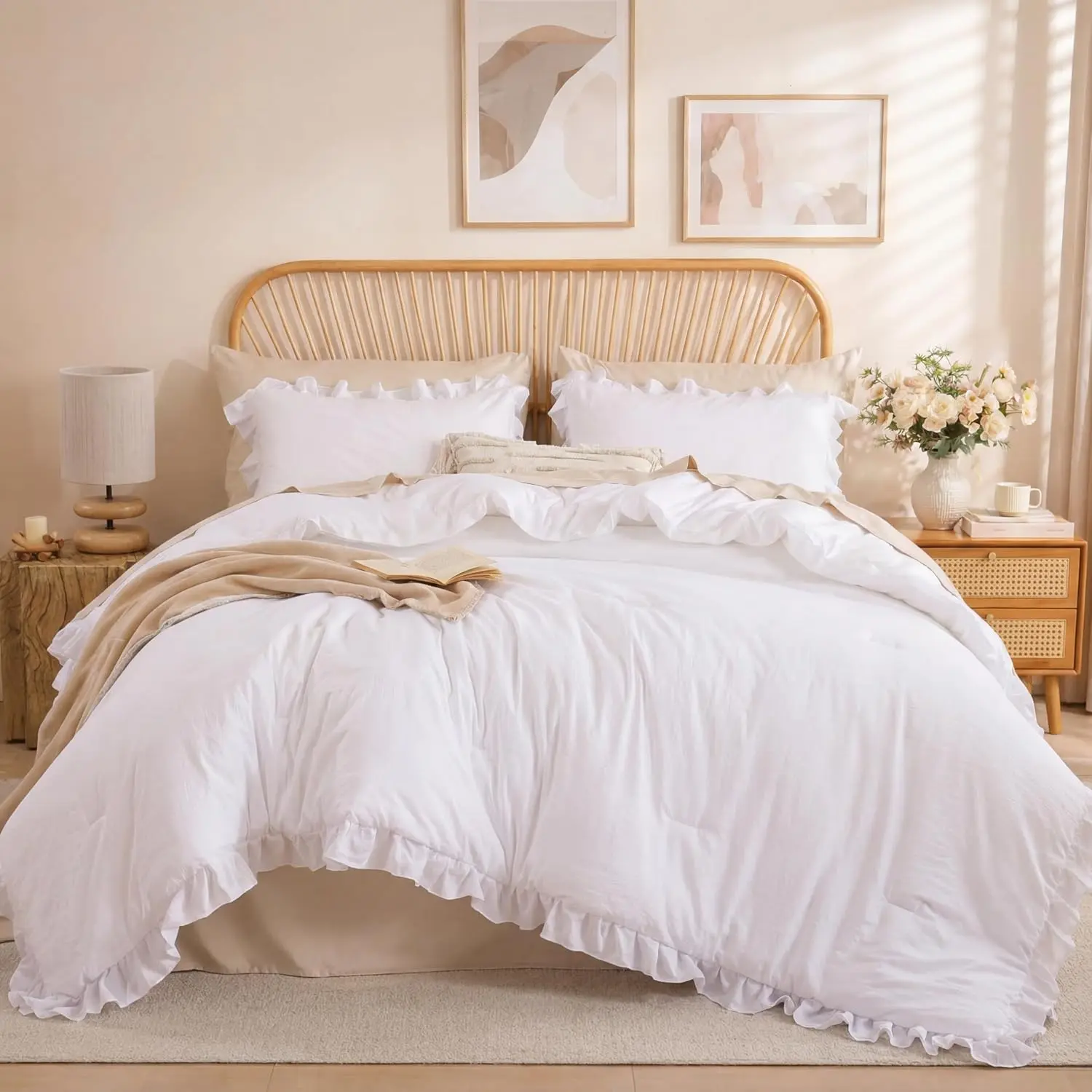 White Comforter Set Queen – Soft Microfiber, Lightweight All Season Bedding, Ruffle, Breathable Set with 2 Pillow Shams, Machine Washable